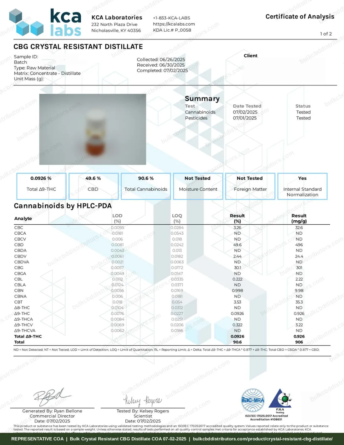 Crystal Resistant CBG Distillate COA page 1 of 2, KCA Laboratories, tested 07-02-2025