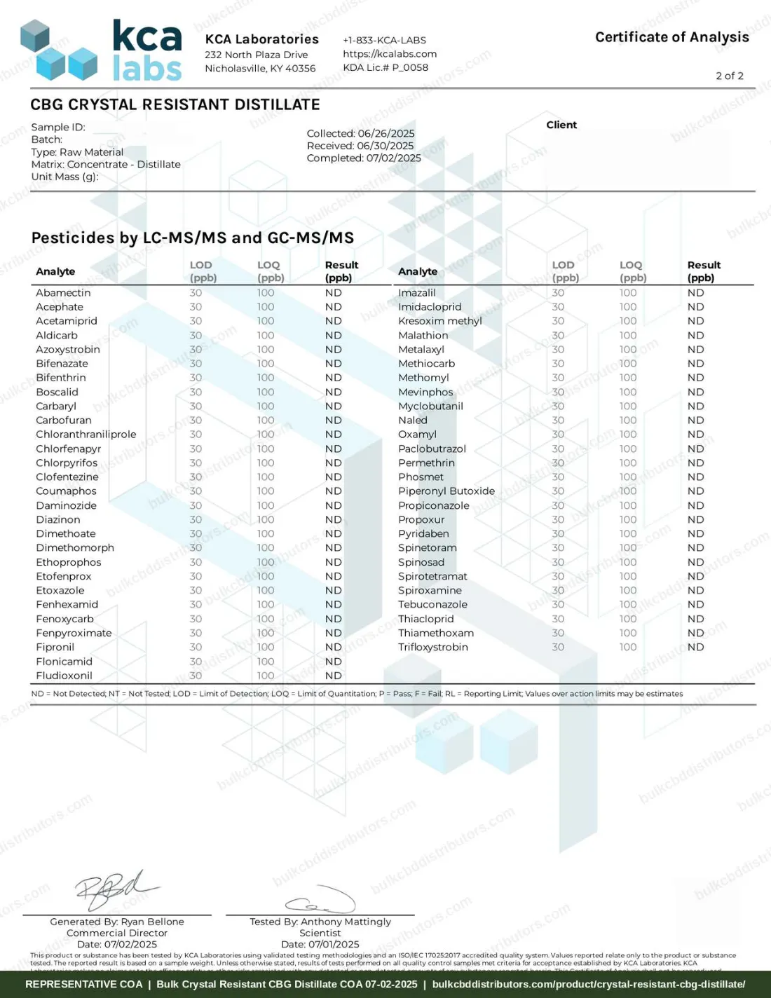 Crystal Resistant CBG Distillate COA page 2 of 2, KCA Laboratories, tested 07-02-2025