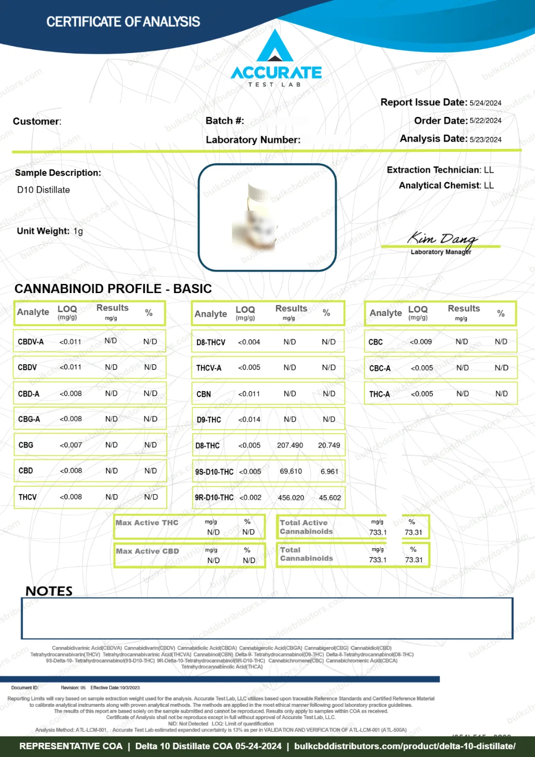 Delta 10 Distillate COA page 1 of 1, Accurate Test Lab, tested 05-24-2024
