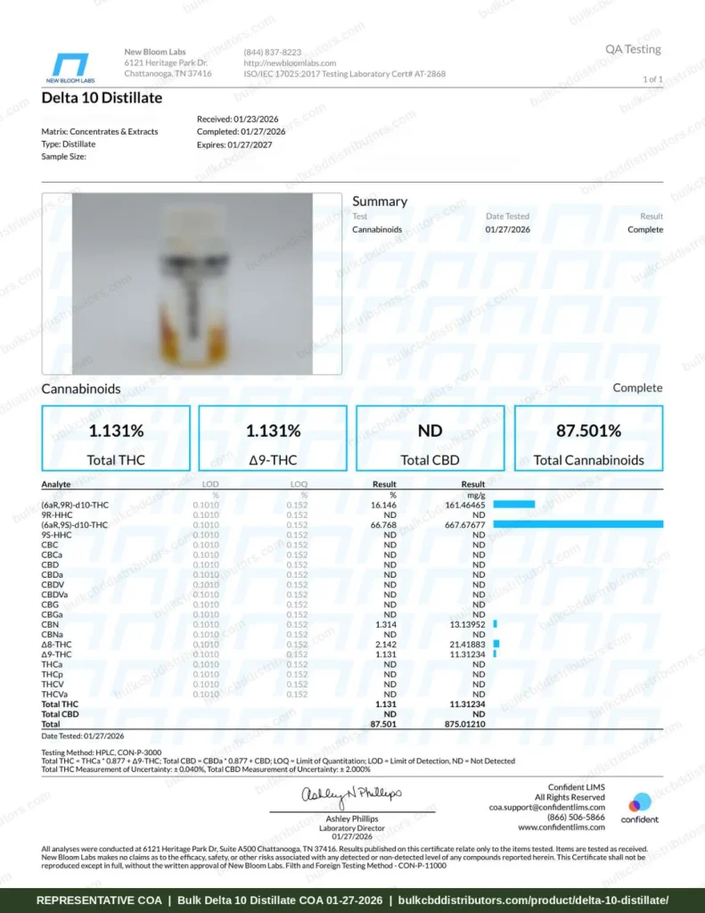 Delta 10 Distillate COA page 1 of 1, New Bloom Labs, tested 01-27-2026
