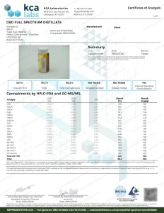 Full Spectrum CBD Distillate COA page 1 of 1, KCA Laboratories, tested 08-04-2026