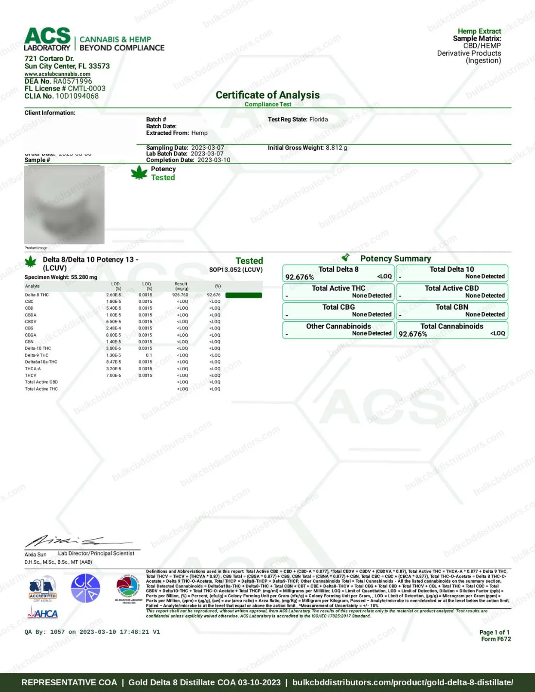 Gold Delta 8 Distillate COA & Lab Results Gold Delta 8 Distillate COA page 1 of 1, ACS Laboratory, tested 03-10-2023