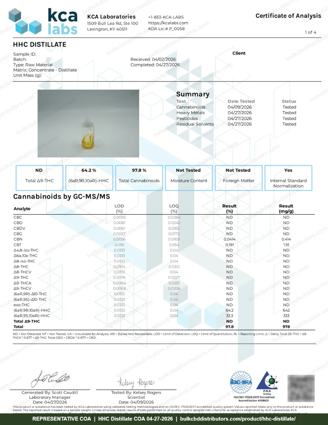 HHC Distillate COA & Lab Results HHC Distillate COA page 1 of 4, KCA Laboratories, tested 04-27-2026