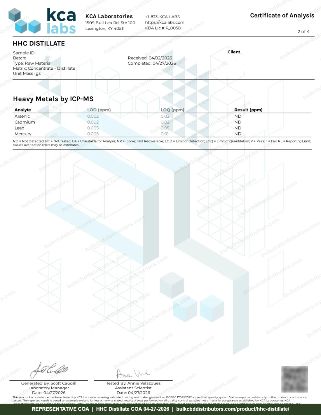 HHC Distillate COA & Lab Results HHC Distillate COA page 2 of 4, KCA Laboratories, tested 04-27-2026