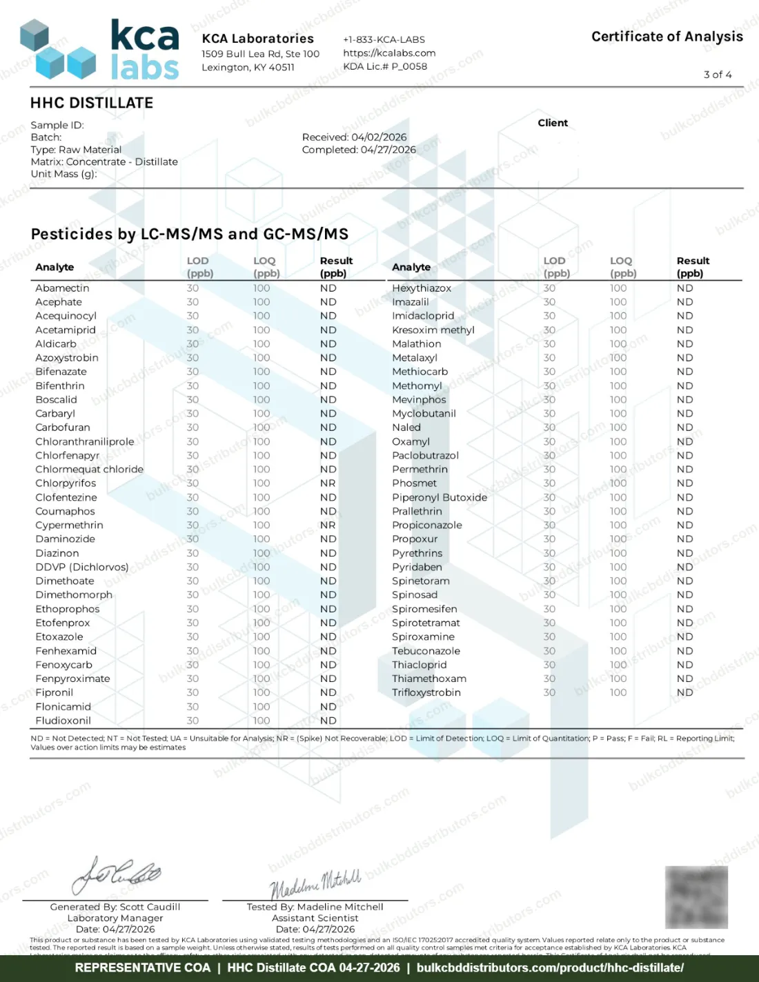 HHC Distillate COA & Lab Results HHC Distillate COA page 3 of 4, KCA Laboratories, tested 04-27-2026