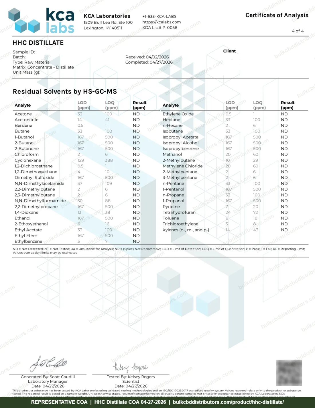 HHC Distillate COA & Lab Results HHC Distillate COA page 4 of 4, KCA Laboratories, tested 04-27-2026