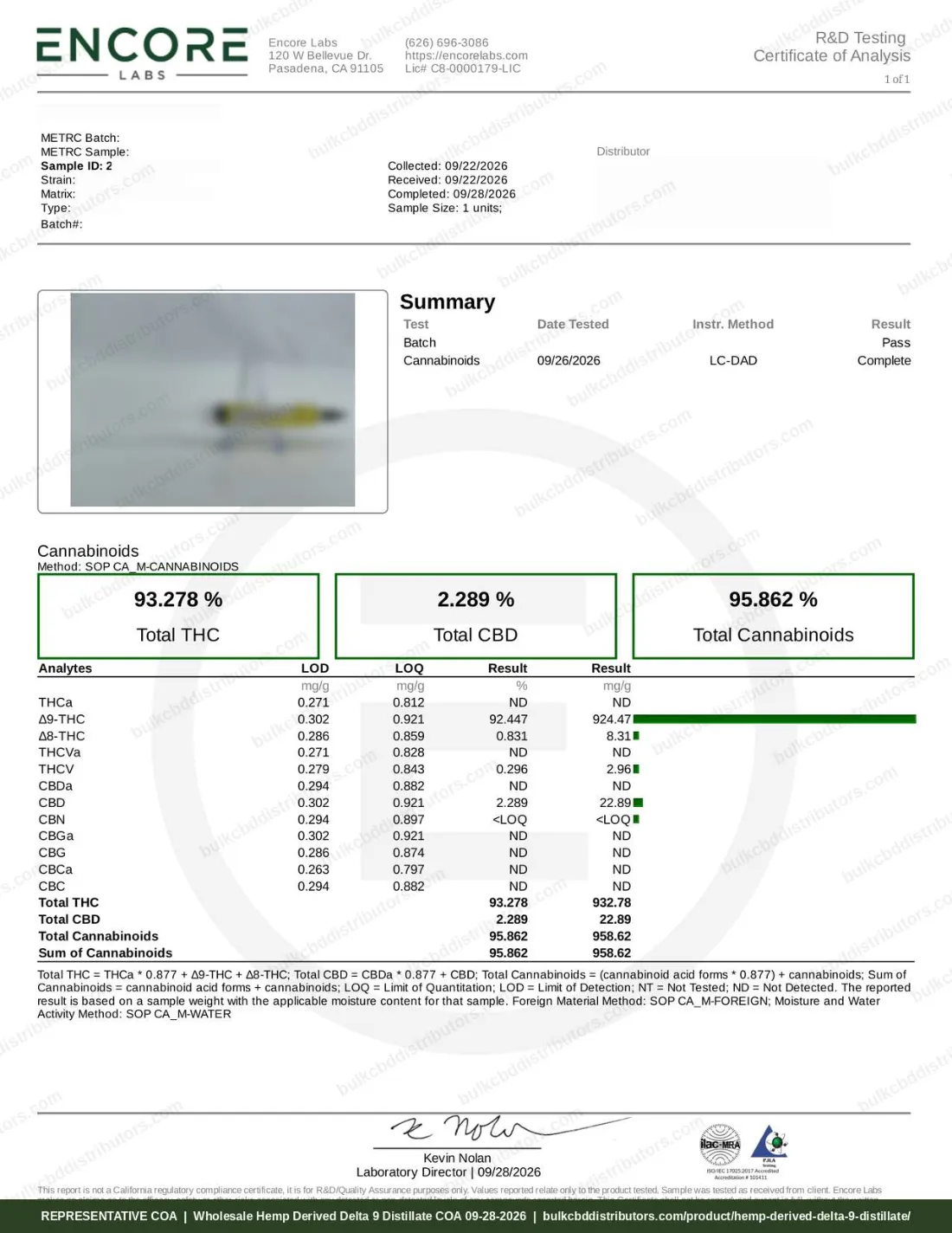 Hemp Derived Delta 9 Distillate COA page 1 of 1, Encore Labs, tested 09-28-2026
