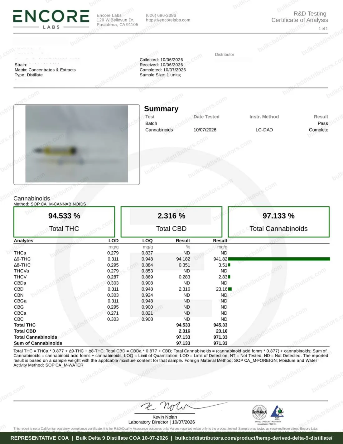 Hemp Derived Delta 9 Distillate COA & Lab Results Hemp Derived Delta 9 Distillate COA page 1 of 1, Encore Labs, tested 10-07-2026
