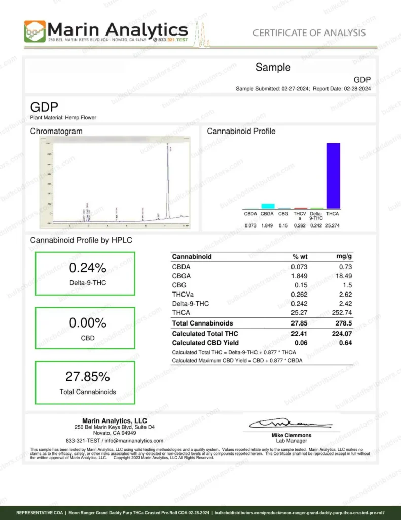 Moon Ranger Grand Daddy Purp THCa Crusted Pre-Roll certificate of analysis, page 1, from Marin Analytics