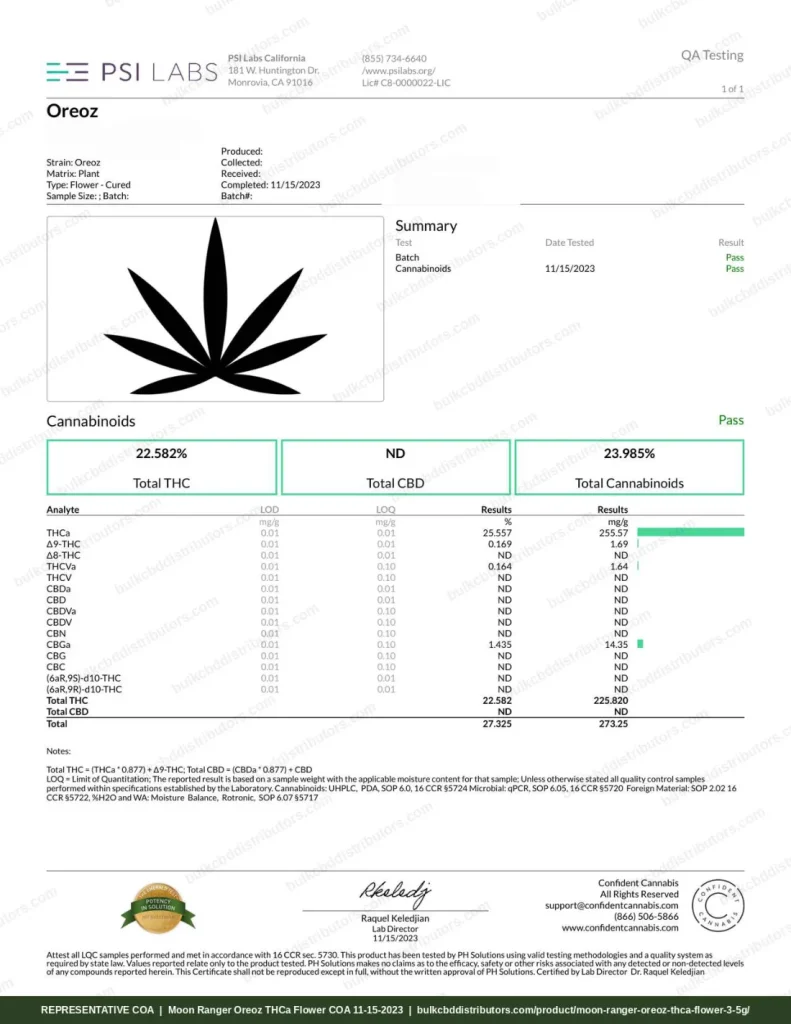 Moon Ranger Oreoz THCa Flower 3.5g certificate of analysis, page 1, from PSI Labs