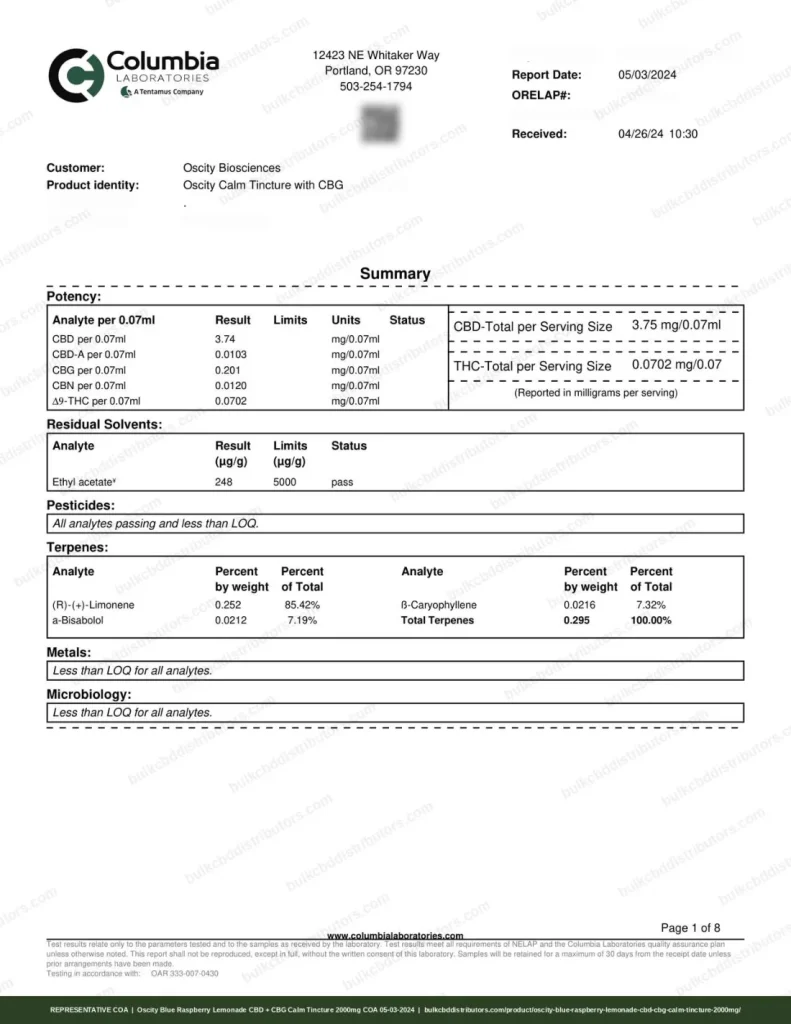 Oscity Blue Raspberry Lemonade CBD + CBG Calm Tincture 2000mg certificate of analysis, page 1 of 8, from Columbia Laboratories