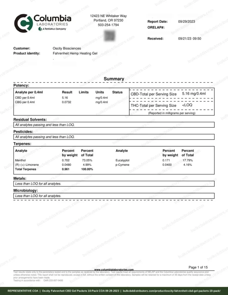 Oscity Fahrenheit CBD Gel Packets 10-Pack certificate of analysis, page 1 of 15, from Columbia Laboratories
