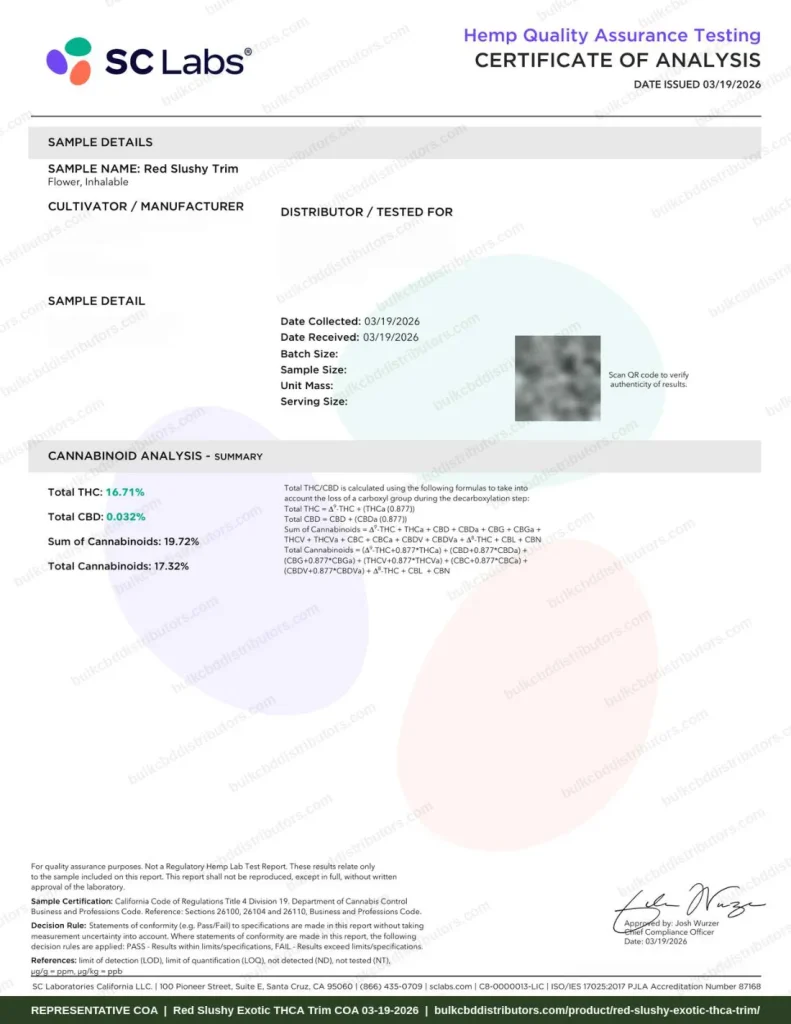Red Slushy Exotic THCA Trim certificate of analysis, page 1 of 5, from SC Labs