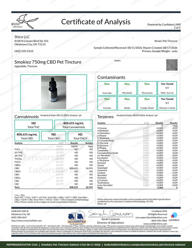 Smokiez Pet Tincture - Salmon certificate of analysis, page 1 of 2, from Scissortail Labs
