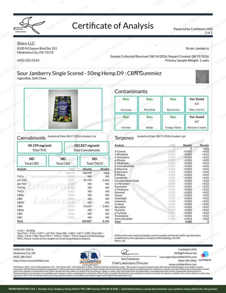 Smokiez Sour Jamberry Hemp Delta-9 THC:CBN Gummy - 10 Servings - 5mg THC and CBN per serving certificate of analysis, page 1 of 2, from Scissortail Labs