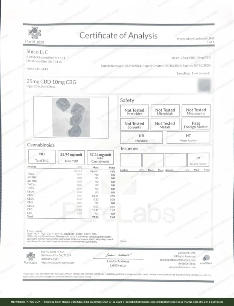 Smokiez Sour Mango CBD:CBG 2.5:1 Gummies certificate of analysis, page 1, from PureLabs OKC