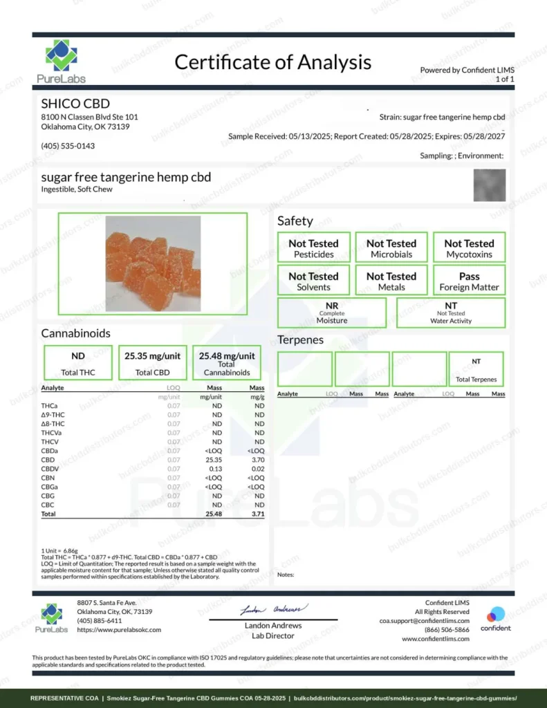 Smokiez Sugar-Free Tangerine CBD Gummies- 10 pack certificate of analysis, page 1, from PureLabs OKC