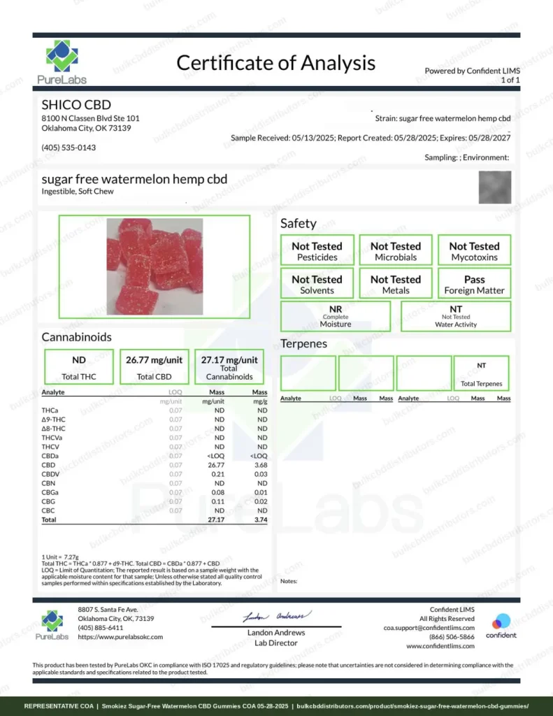 Smokiez Sugar-Free Watermelon CBD Gummies - 10 pack certificate of analysis, page 1, from PureLabs OKC