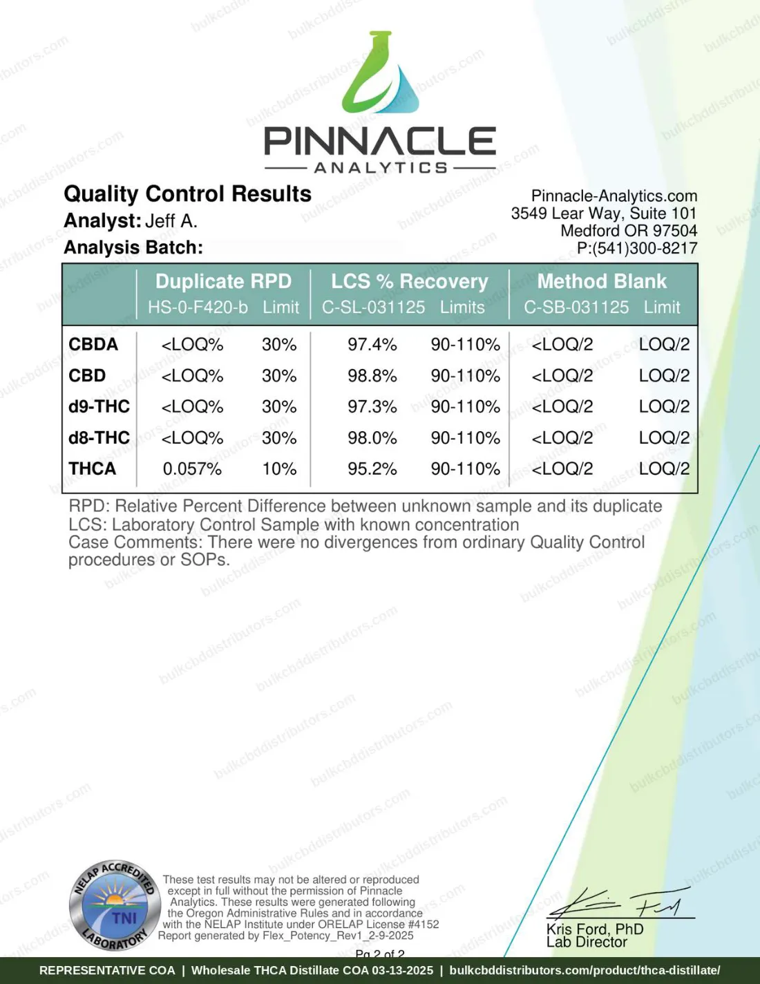 THCA Distillate Oil 50% COA page 2 of 2, Pinnacle Analytics, tested 03-13-2025