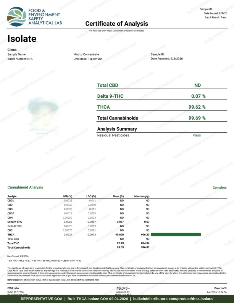 THCA Isolate COA page 1 of 3, FESA Labs, tested 09-04-2026