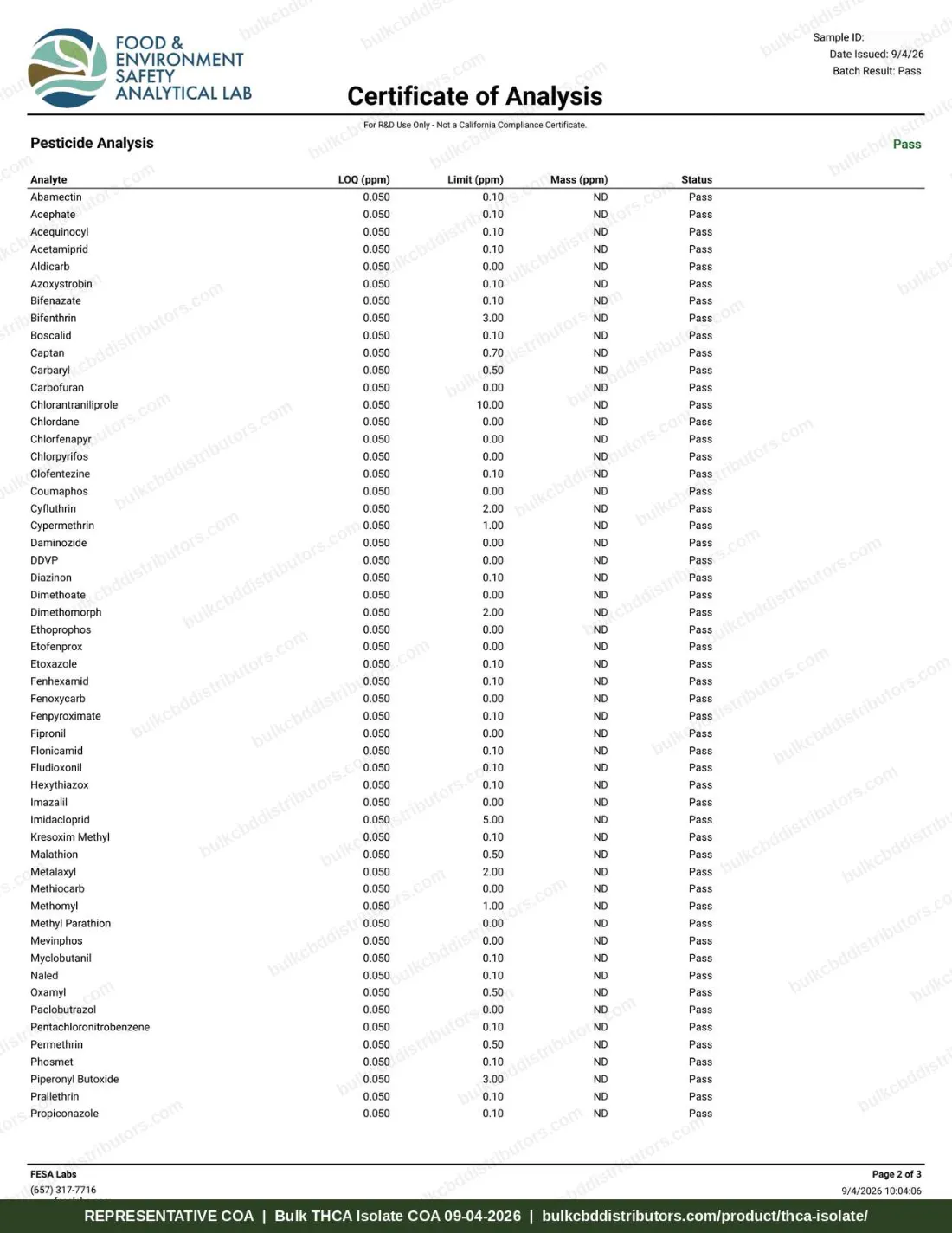 THCA Isolate COA & Lab Results THCA Isolate COA page 2 of 3, FESA Labs, tested 09-04-2026