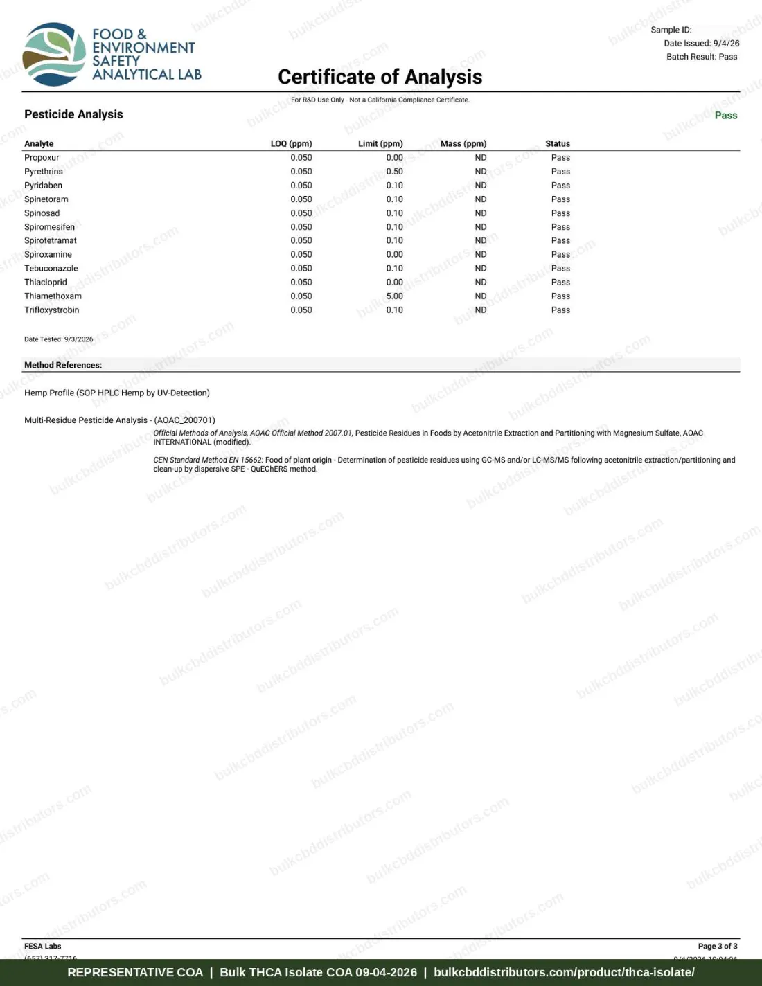 THCA Isolate COA & Lab Results THCA Isolate COA page 3 of 3, FESA Labs, tested 09-04-2026