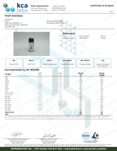 THCP Distillate COA page 1 of 1, KCA Laboratories, tested 08-21-2025