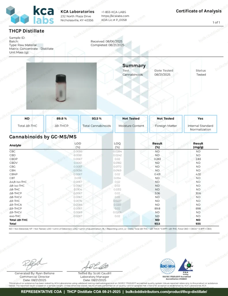 THCP Distillate COA page 1 of 1, KCA Laboratories, tested 08-21-2025