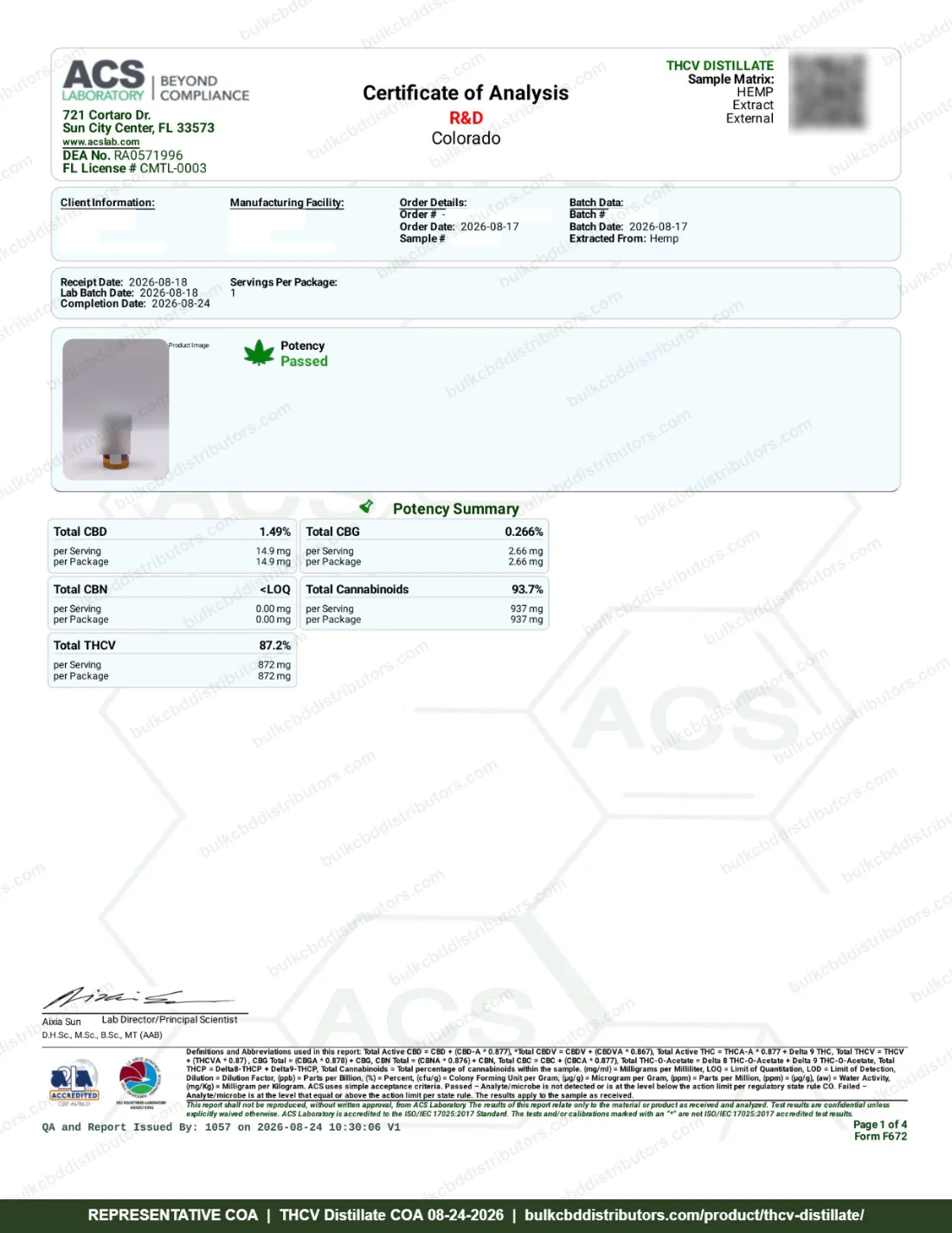 THCV Distillate COA page 1 of 4, ACS Laboratory, tested 08-24-2026