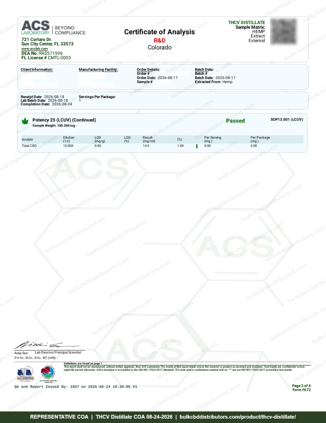 THCV Distillate COA page 3 of 4, ACS Laboratory, tested 08-24-2026
