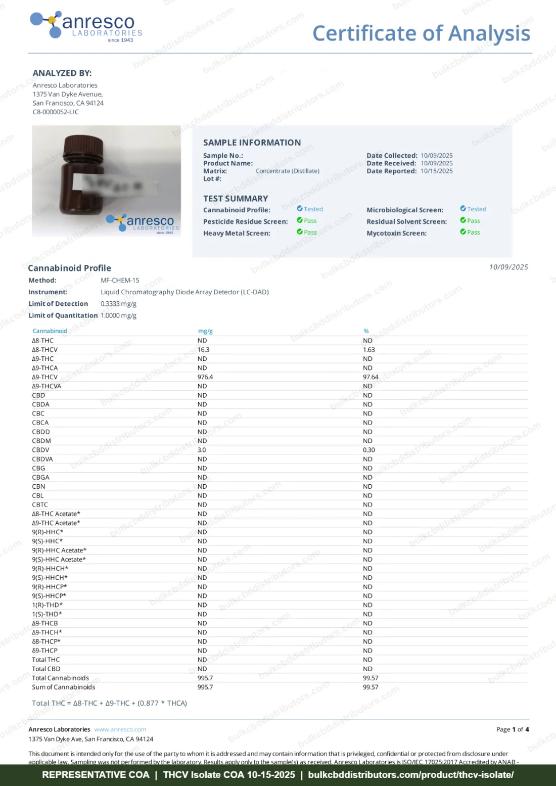 THCV Isolate COA page 1 of 4, Anresco Laboratories, tested 10-15-2025
