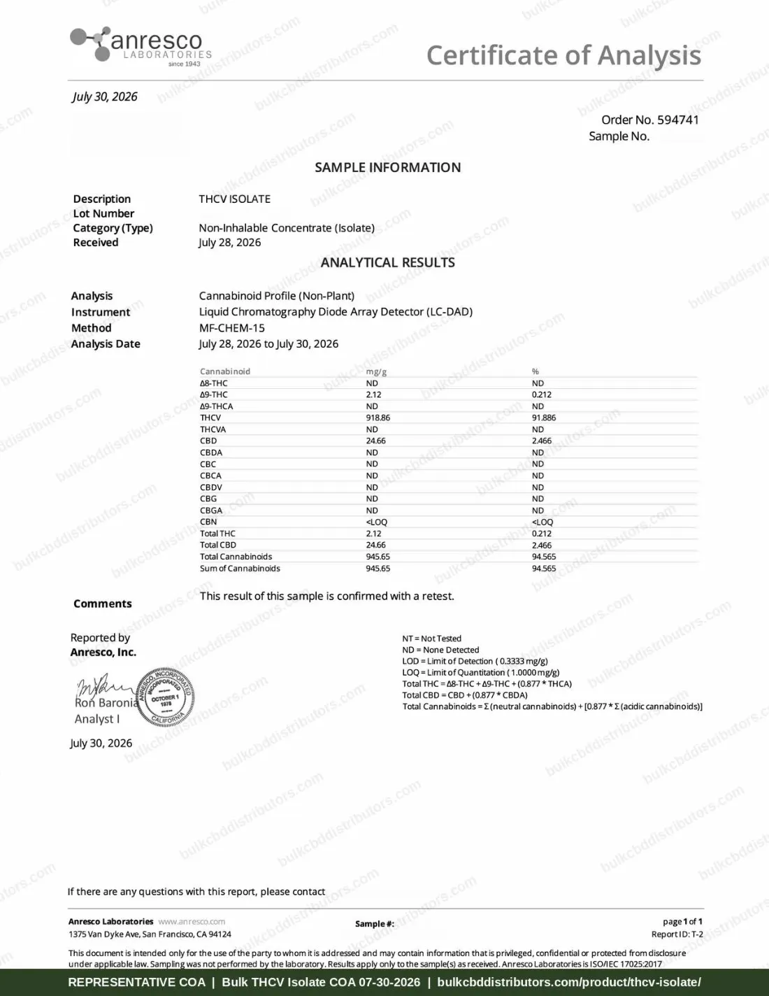 THCV Isolate COA & Lab Results THCV Isolate COA page 1 of 1, Anresco Laboratories, tested 07-30-2026