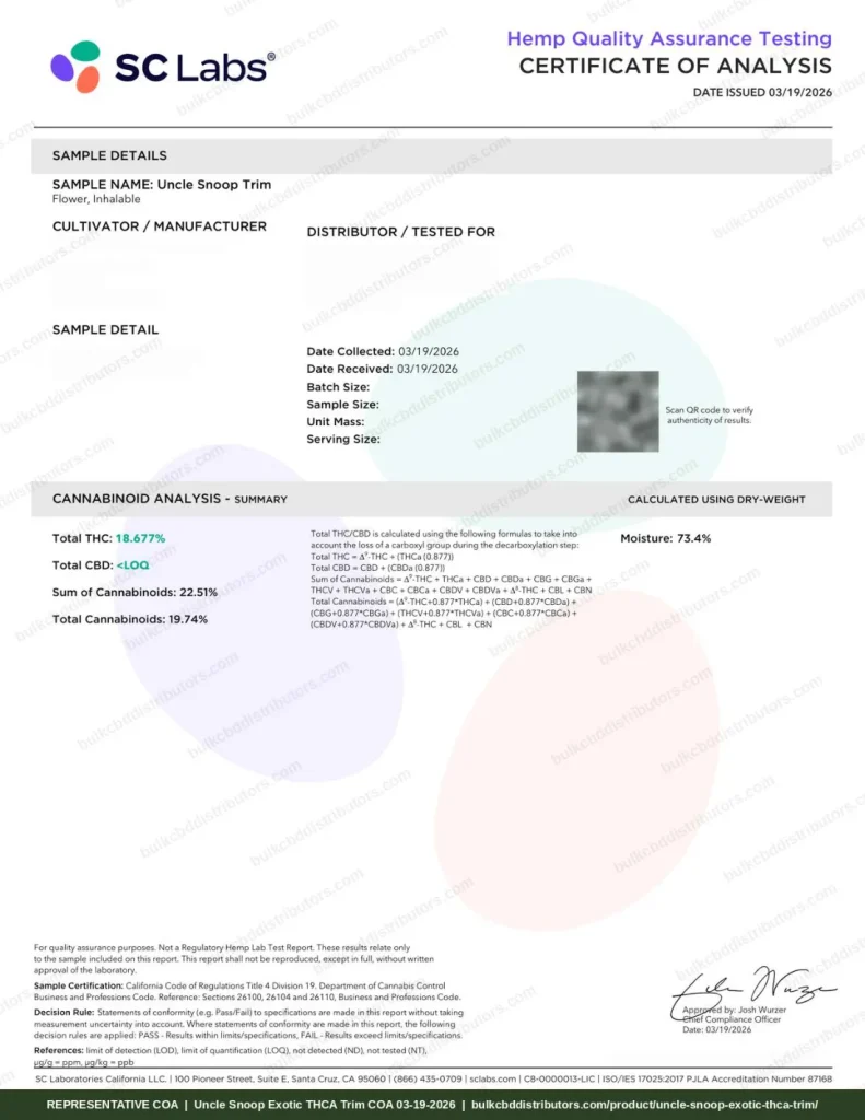 Uncle Snoop Exotic THCA Trim certificate of analysis, page 1 of 5, from SC Labs