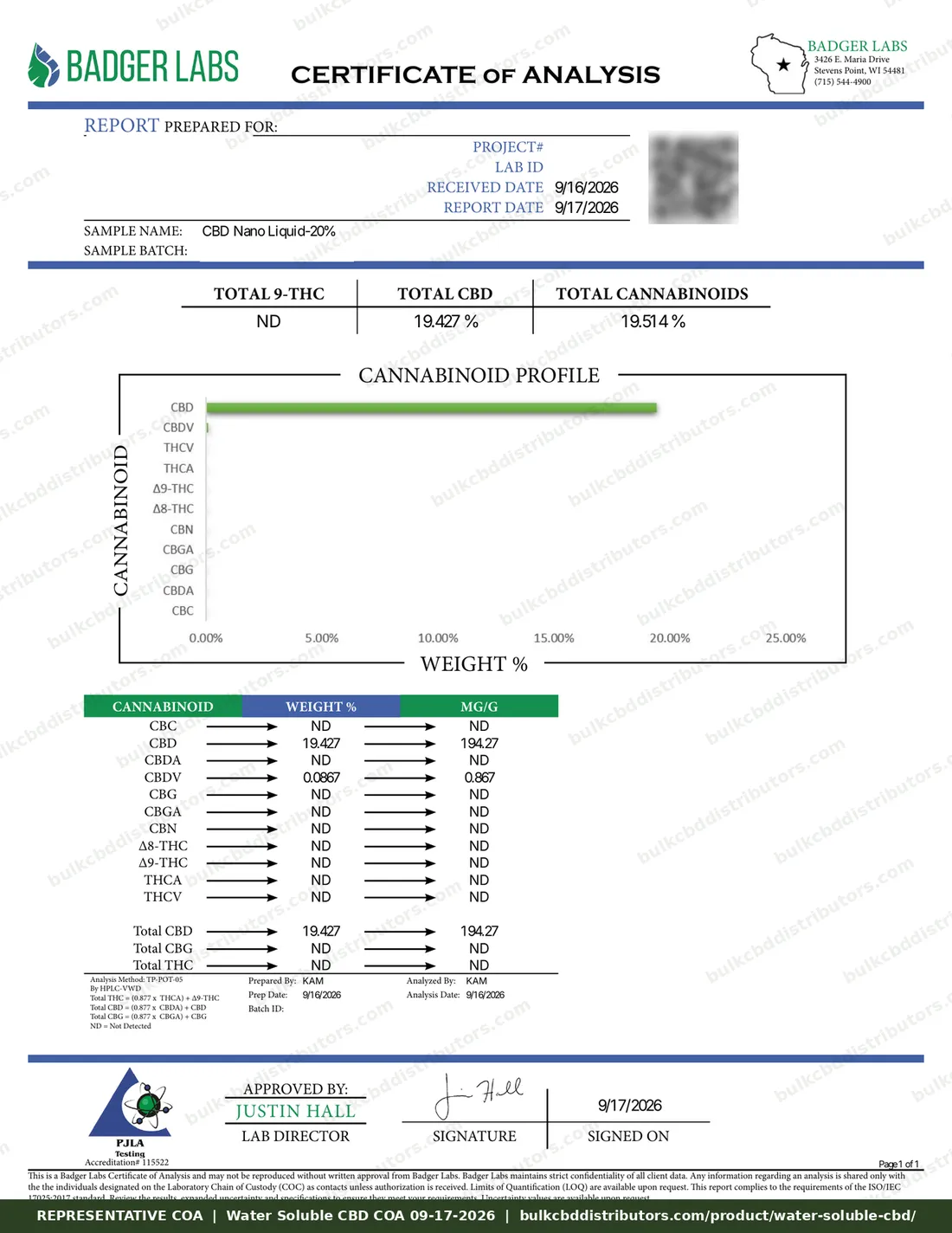 Water Soluble CBD COA page 1 of 1, Badger Labs, tested 09-17-2026