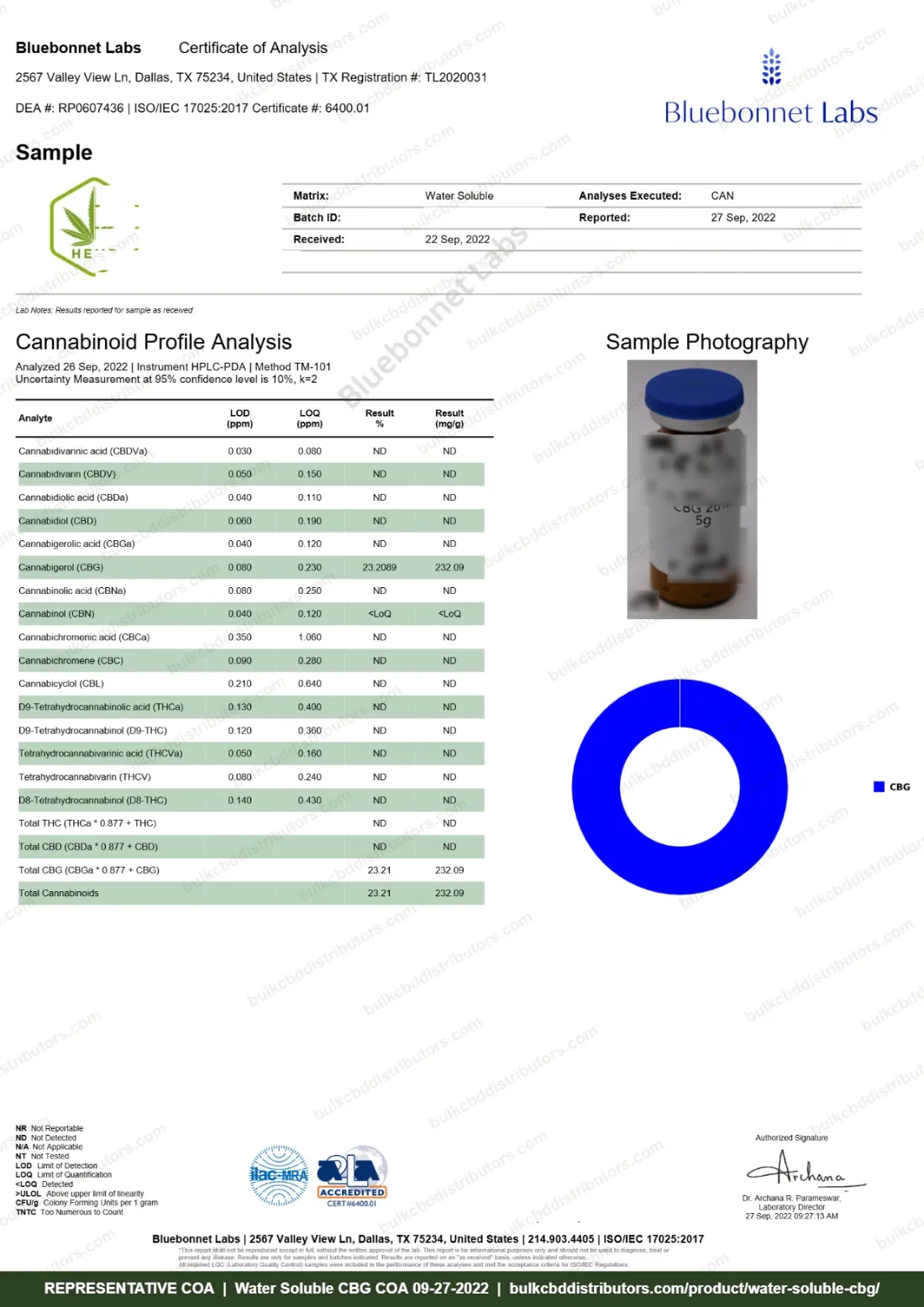 Water Soluble CBG COA & Lab Results Water Soluble CBG COA page 1 of 1, Bluebonnet Labs, tested 09-27-2022