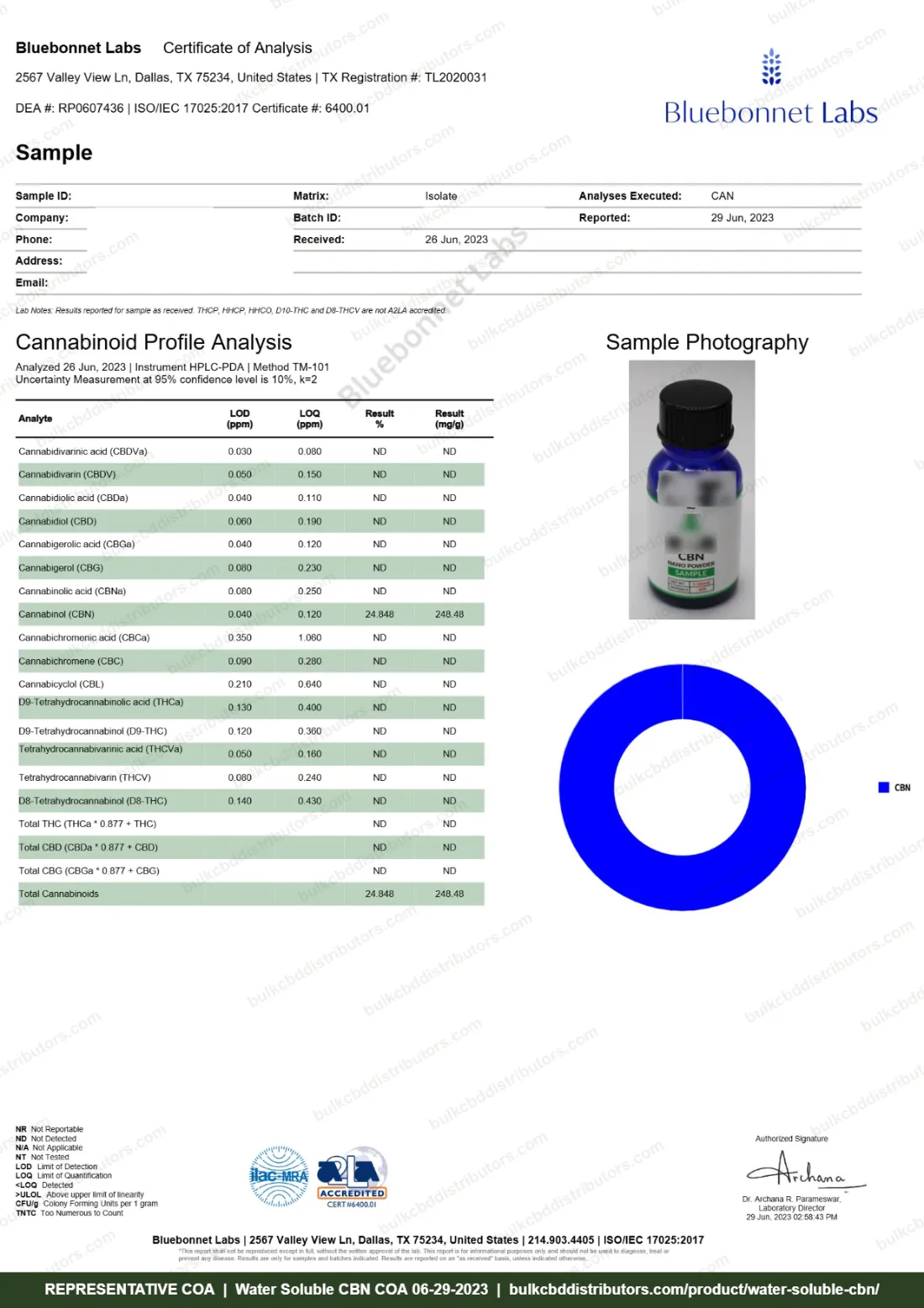 Water Soluble CBN COA page 1 of 1, Bluebonnet Labs, tested 06-29-2023