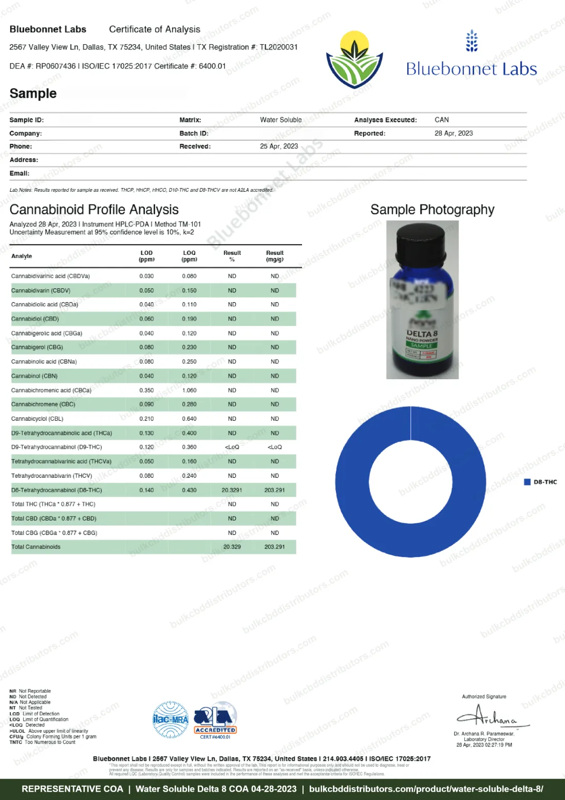 Water Soluble Delta 8 COA & Lab Results Water Soluble Delta 8 COA page 1 of 1, Bluebonnet Labs, tested 04-28-2023
