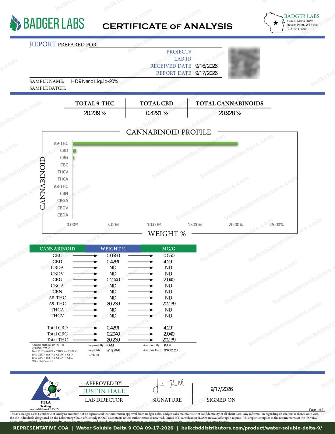 Water Soluble Delta 9 COA & Lab Results Water Soluble Delta 9 COA page 1 of 1, Badger Labs, tested 09-17-2026