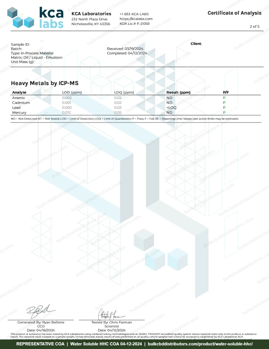 Water Soluble HHC COA page 2 of 5, KCA Laboratories, tested 04-12-2024