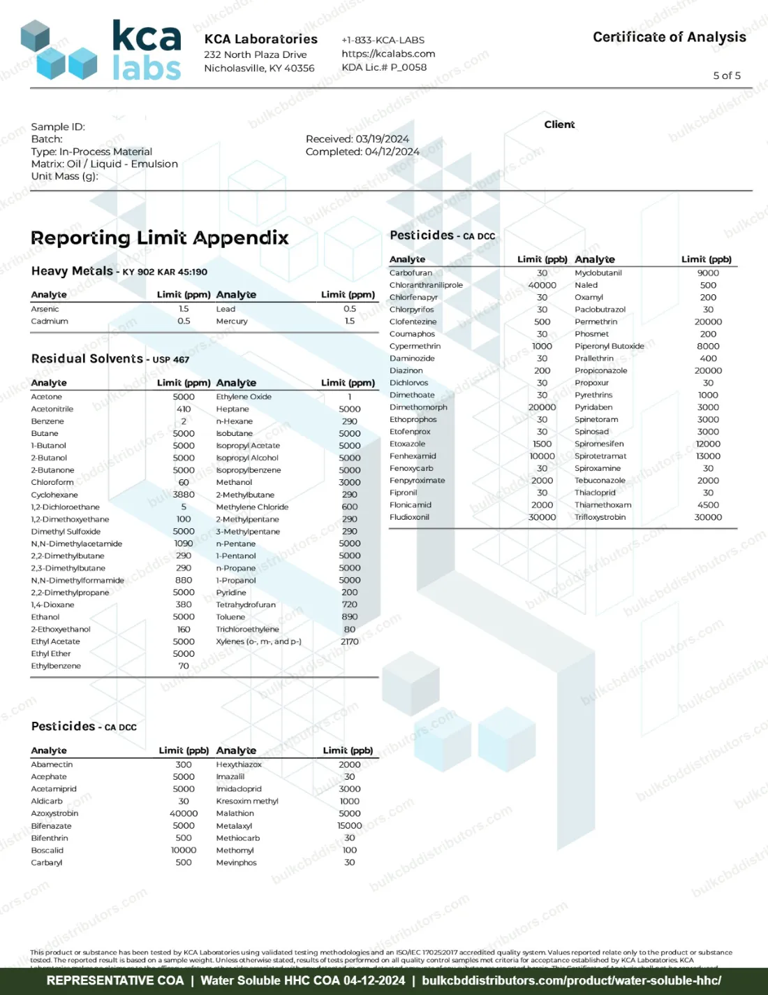Water Soluble HHC COA page 5 of 5, KCA Laboratories, tested 04-12-2024