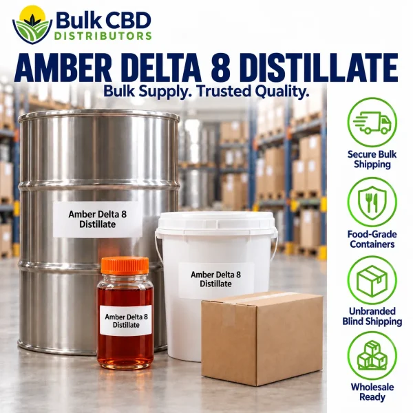Amber Delta 8 Distillate bulk shipping and packaging in unbranded containers