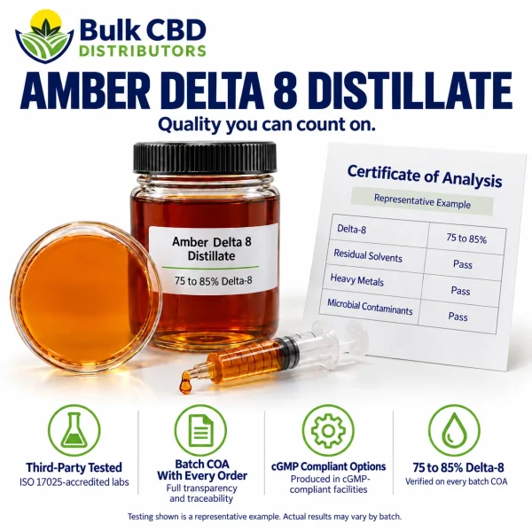 Amber Delta 8 Distillate representative certificate of analysis showing 75 to 85% Delta-8 with passing residual solvent, heavy metal and microbial results