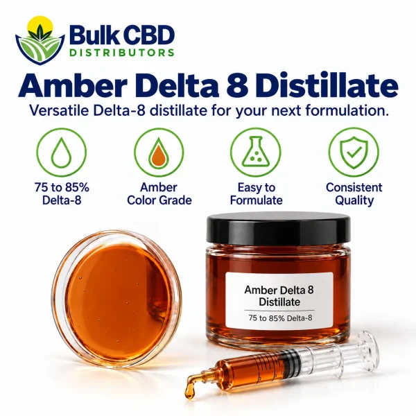 Amber Delta 8 Distillate key features: 75 to 85% Delta-8, easy to formulate and consistent quality
