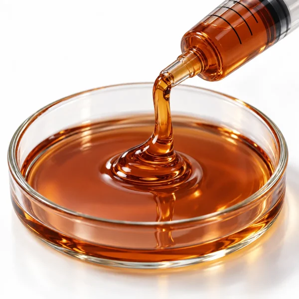 Close-up of Amber Delta 8 Distillate viscous oil texture in a petri dish