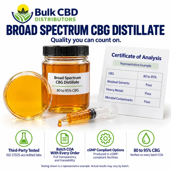 Broad Spectrum CBG Distillate representative certificate of analysis showing 80 to 95% CBG with passing residual solvent, heavy metal and microbial results