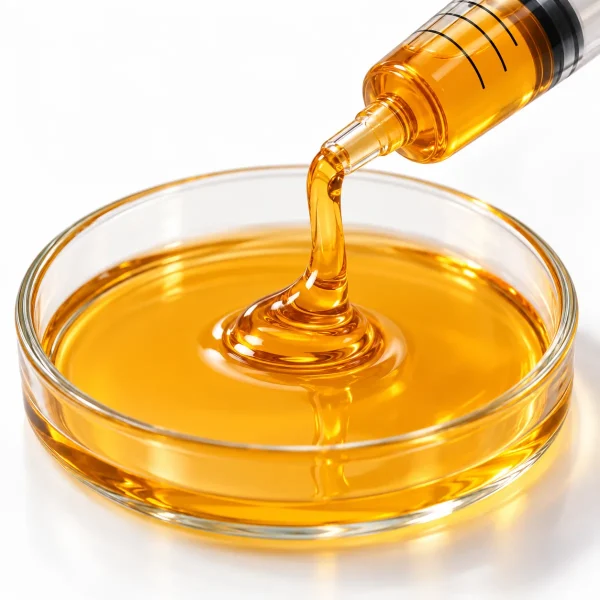 Close-up of Broad Spectrum CBG Distillate viscous oil texture in a petri dish