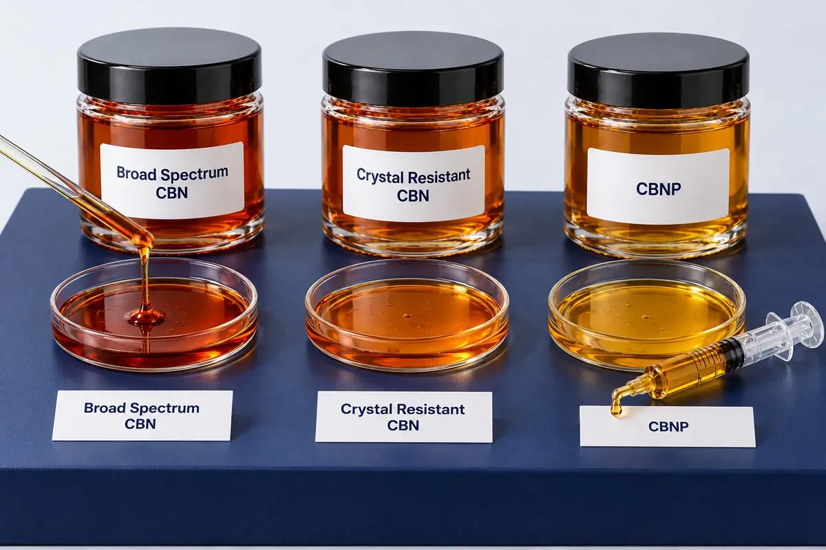 Three CBN distillates in glass dishes: broad spectrum CBN, crystal resistant CBN and CBNP, each with its jar