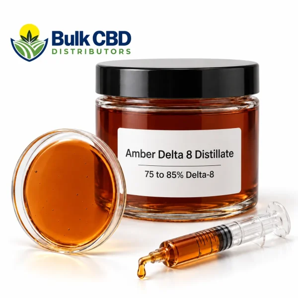 Amber Delta 8 Distillate in a clear glass jar with a petri dish and syringe, bulk wholesale supply from Bulk CBD Distributors
