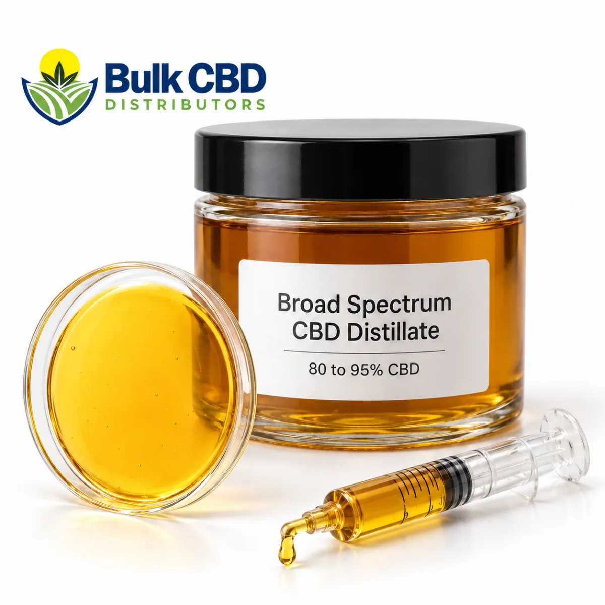 CBD Carrier Oils Compared: MCT, Hemp Seed, Olive and More Glass jar of amber broad spectrum CBD distillate with a dish of the oil and a filled syringe