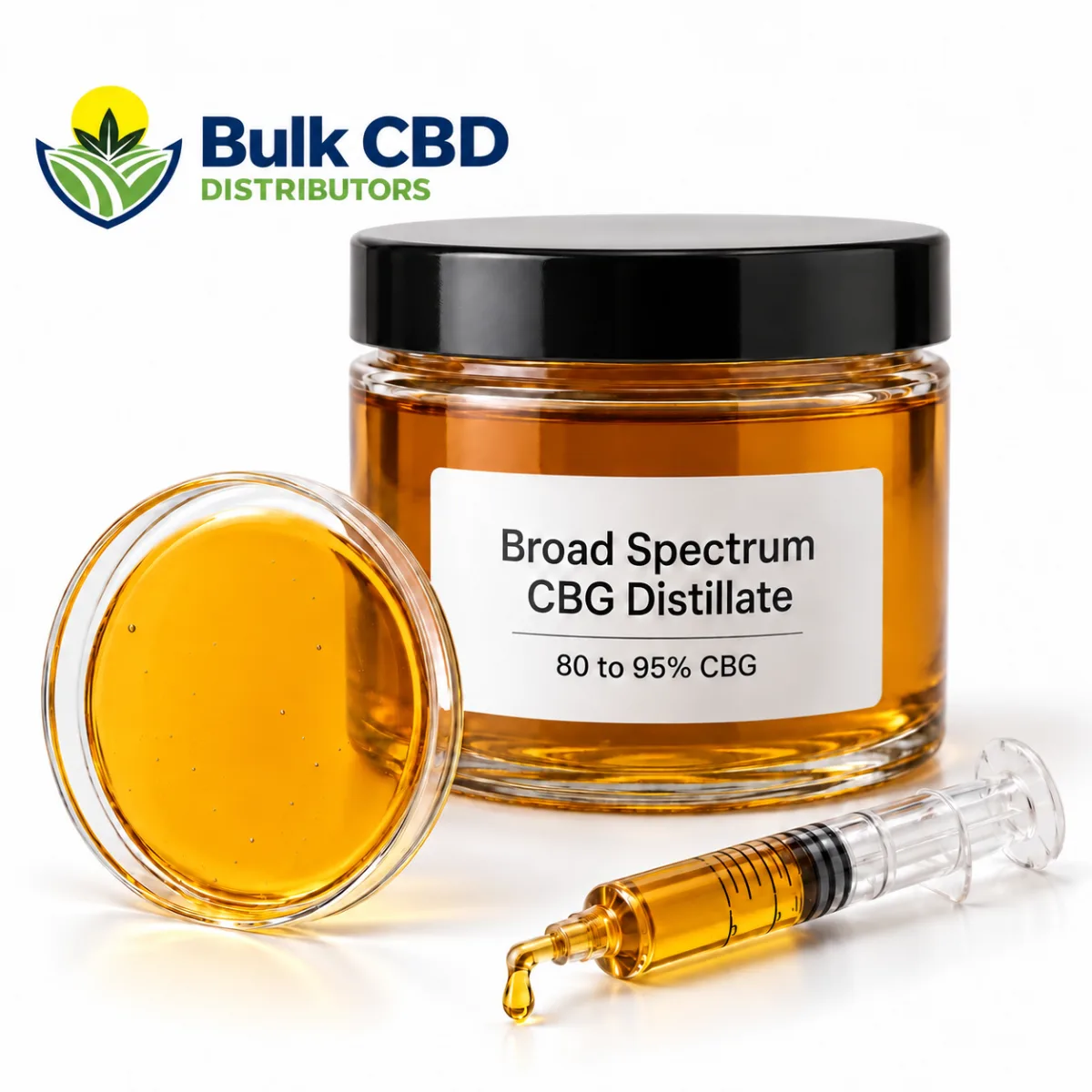 Glass jar of gold to amber broad spectrum CBG distillate labeled 80 to 95% CBG, with a dish of the oil and a filled syringe